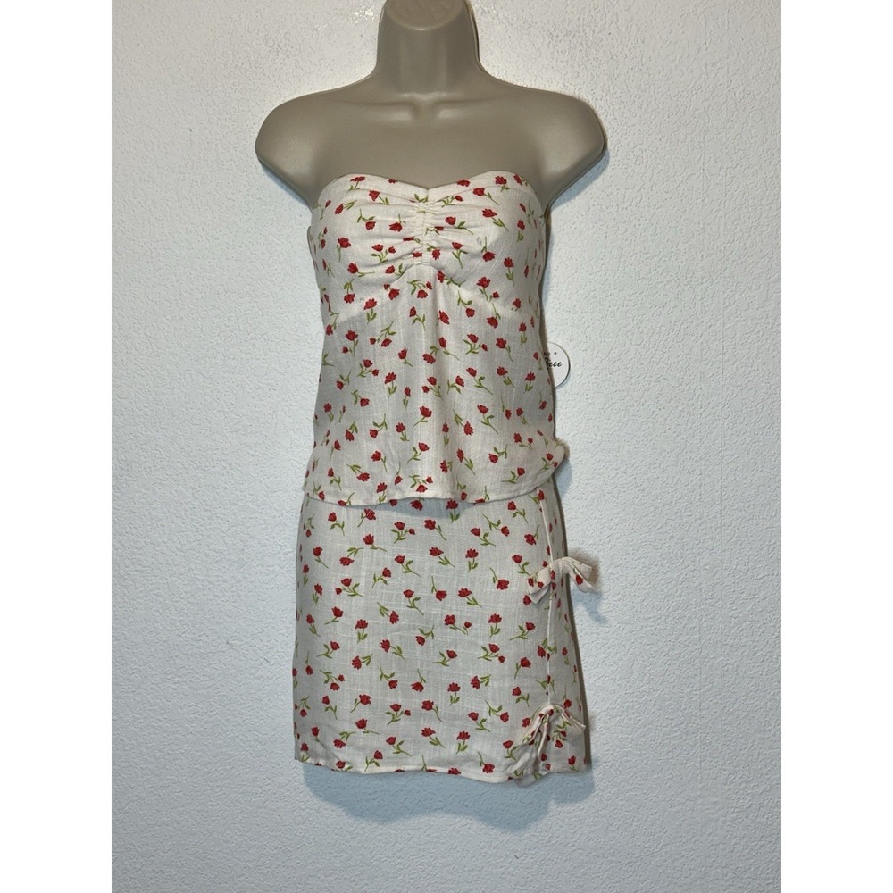 Sienna Sky 2 PC White Red Floral Strapless Halter Matching Skirt Festival XL